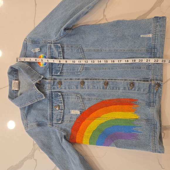 M&M'S Vibes Rainbow Distressed Light Blue Cotton Jean Jacket Womens Size Small - Picture 12 of 12